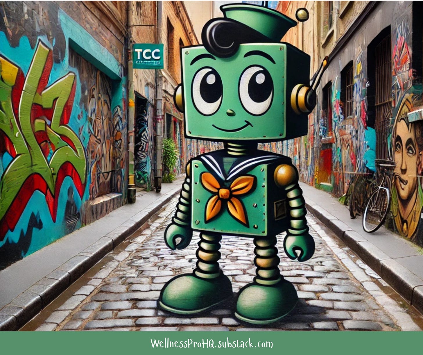 A cheerful retro-style robot in a sailor outfit stands in a graffiti-covered alley, blending technology with creativity and human touch. A cheerful retro-style robot in a sailor outfit stands in a graffiti-covered alley, blending technology with creativity and human touch.
