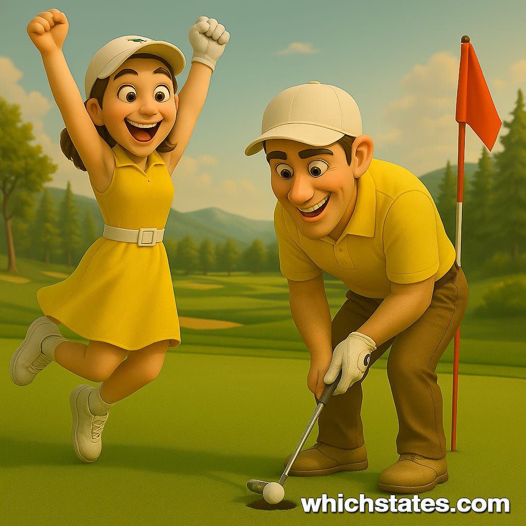 Ellis and June celebrating after a successful putt at a Georgia golf course during the 2025 season.