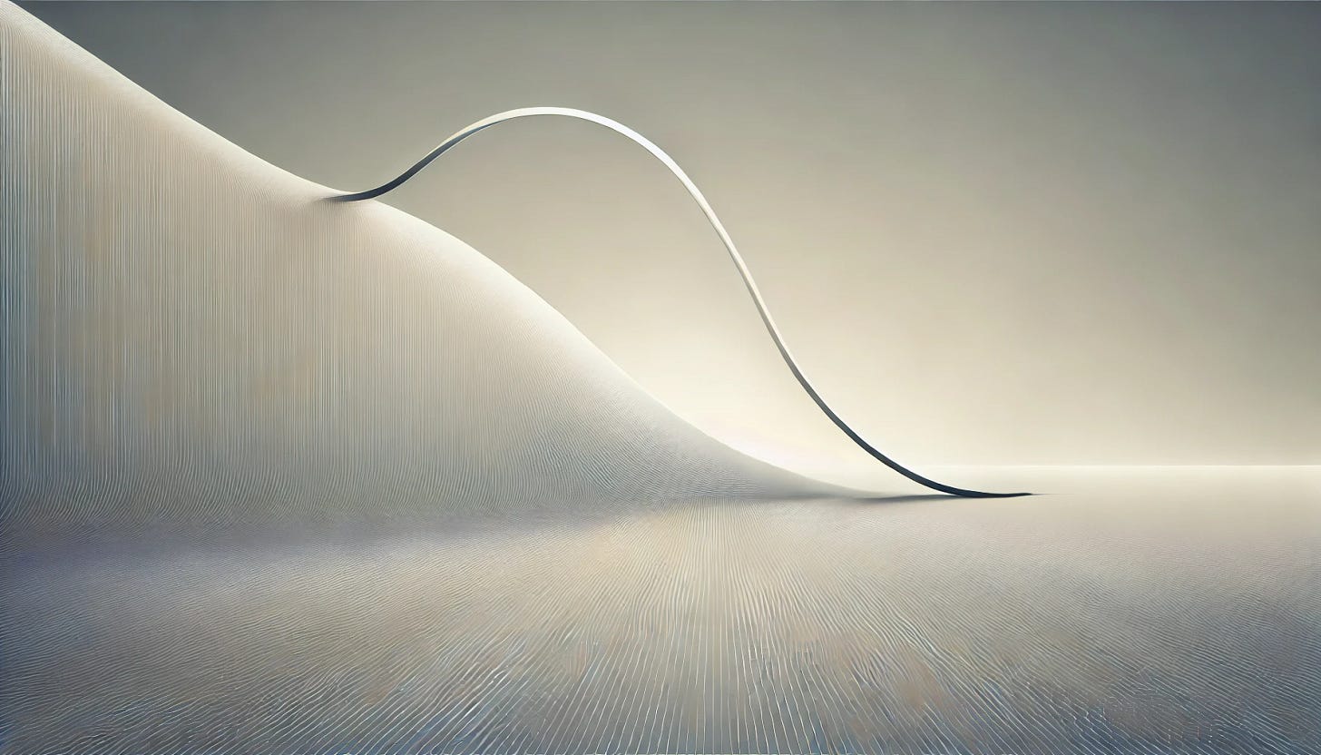 An abstract and minimalistic representation of the concept of a 'slippery slope' in an economic context. The design features a simple curve or arc, gradually bending downward, symbolizing a subtle but inevitable decline. The curve starts smooth and even but becomes irregular and fragmented as it nears the bottom of the image, indicating growing instability. The background is a clean, neutral color gradient, transitioning from light at the top to darker shades at the bottom, representing the transition from stability to uncertainty. There are no detailed elements, only simple geometric shapes and lines to convey the idea, in a wide horizontal orientation.