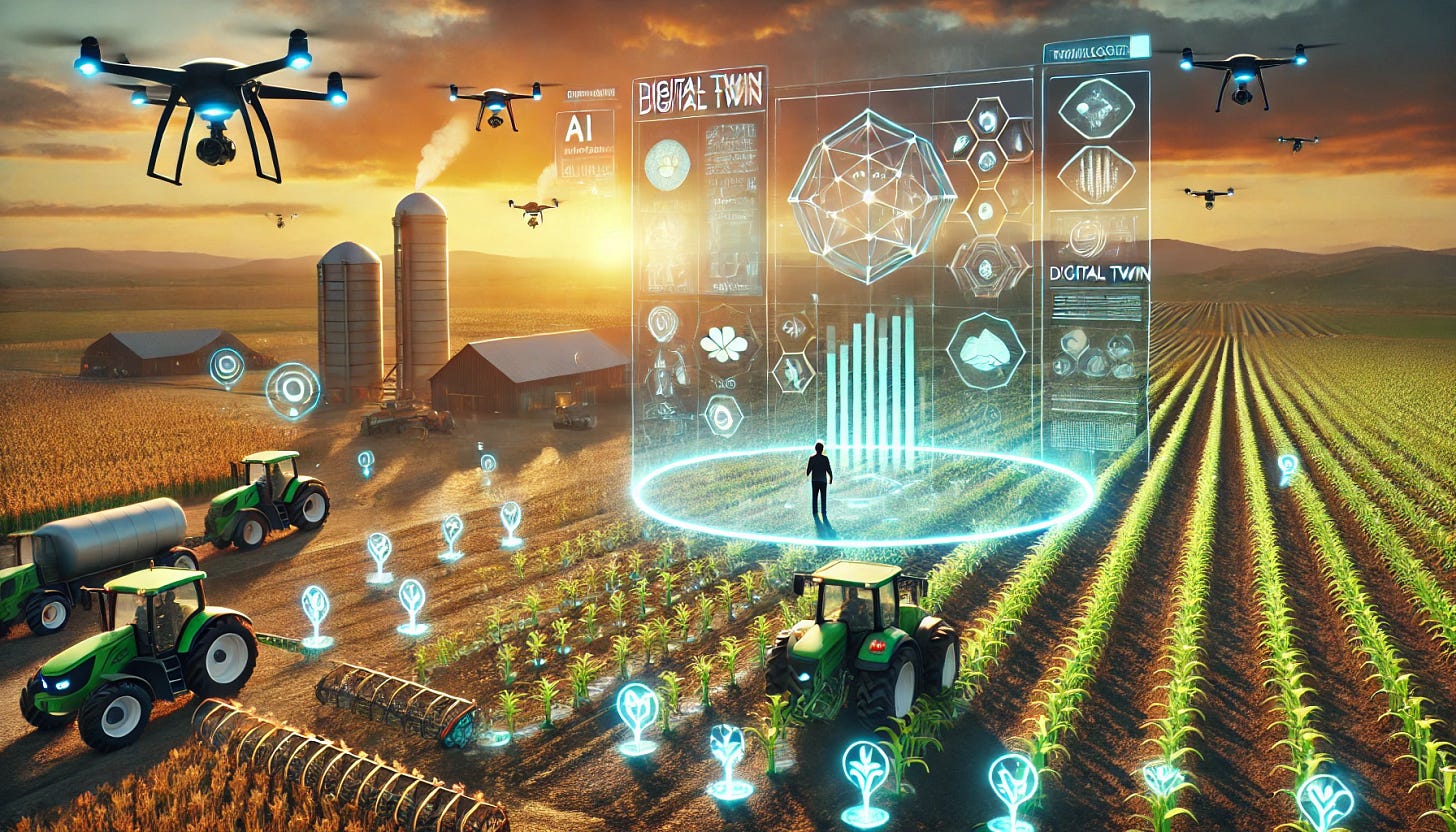A futuristic farm utilizing digital twin technology. The image showcases a vast agricultural landscape with smart sensors embedded in the soil, AI-powered drones monitoring crops, and an advanced holographic digital twin interface displaying real-time data on soil health, crop growth, and weather forecasts. A farmer interacts with the holographic screen, making data-driven decisions, while automated robotic tractors operate in the background. The setting is illuminated by a golden sunrise, symbolizing innovation and progress in agriculture.