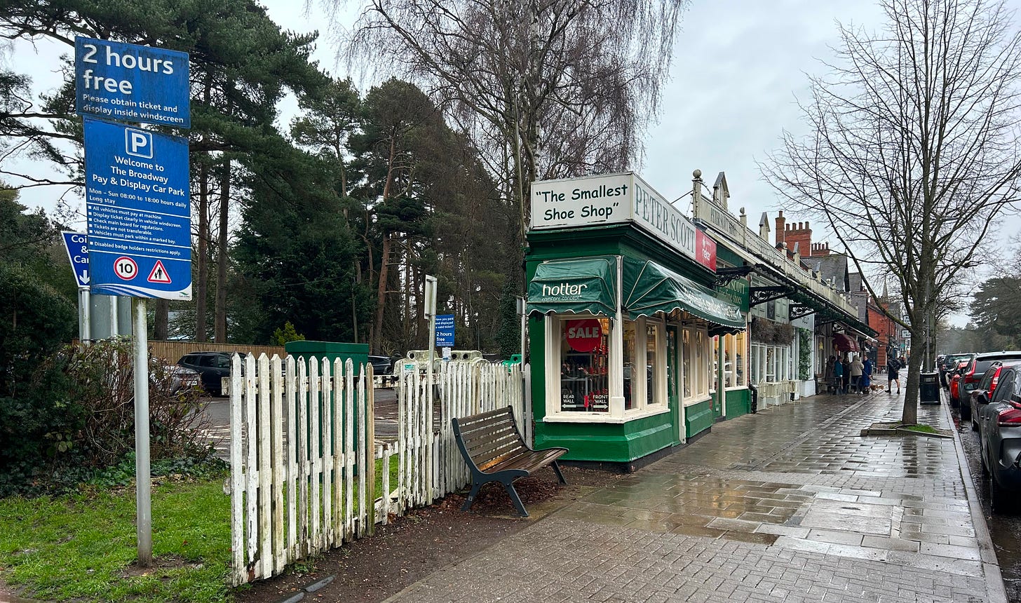 Peter Scott Shoe shop. The smallest shoe shop in Britain. This was a ticket office then the railway passed through Woodhall Spa. It still has the look of a ticket office and is barely three feet at one end and doesn't get much wider for much of its length.