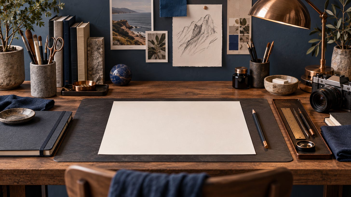 Wooden desk with blank paper, pencil, books, articles, plants, and art supplies; photos and sketches pinned to the wall behind.
