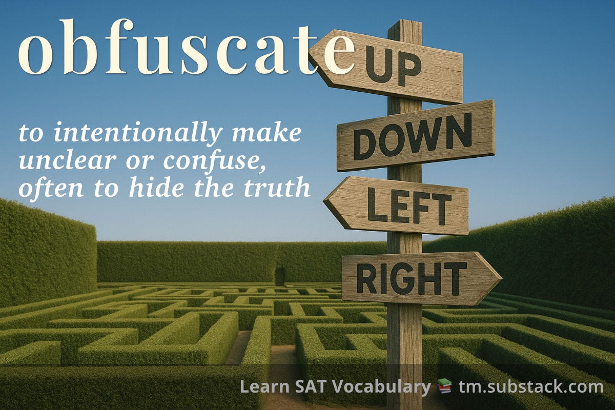 Illustration of a confusing maze with contradictory signposts; used to illustrate the SAT word 'obfuscate'.