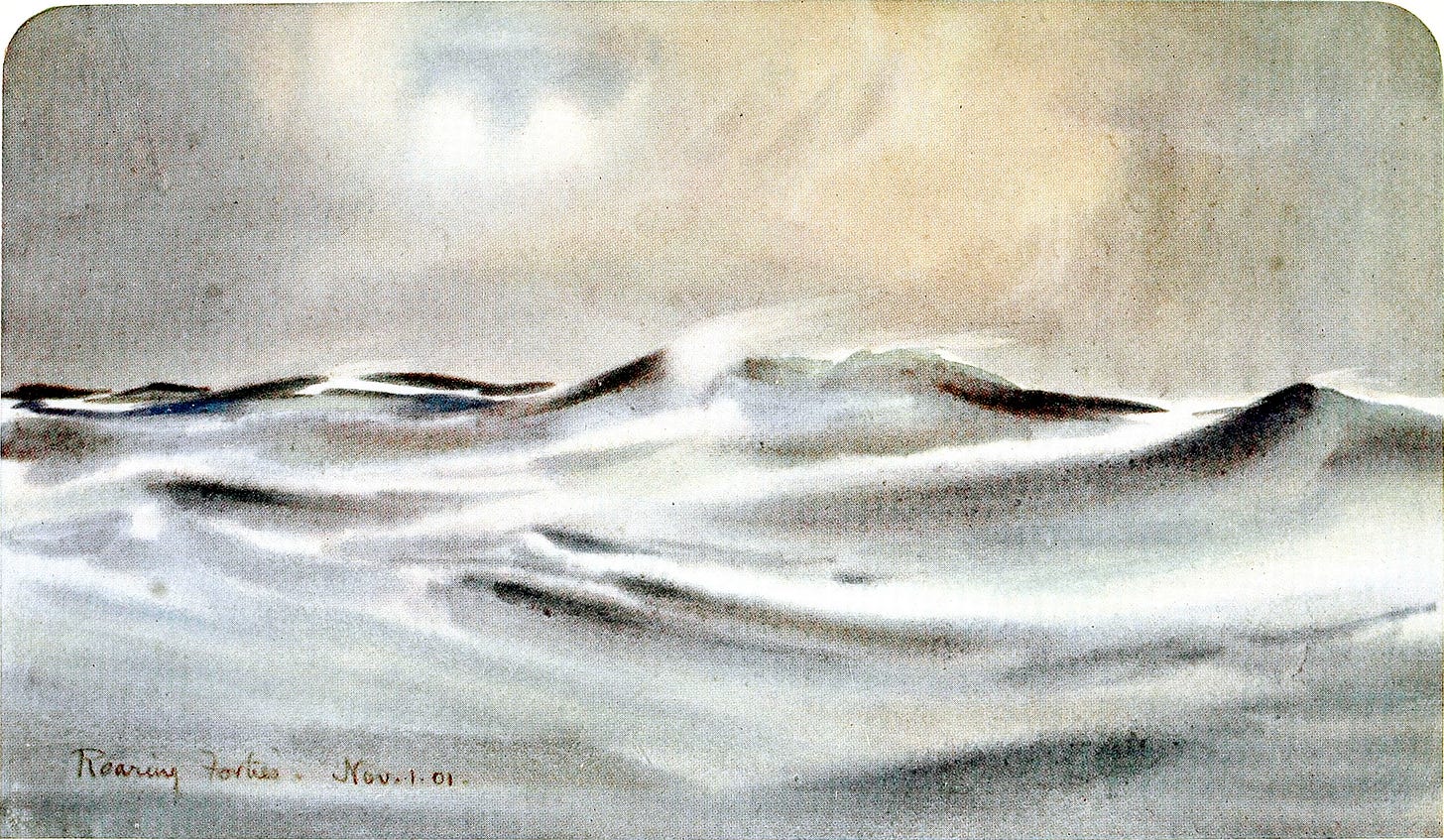 A stormy seascape painted in cold looking greys, mauves, blues, browns. A stormy seascape painted in cold looking greys, mauves, blues, browns.