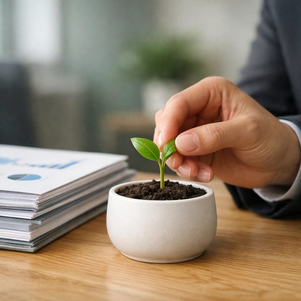 A professional nurturing a green sprout, representing seed-stage venture capital and Day 0 founder growth. A professional nurturing a green sprout, representing seed-stage venture capital and Day 0 founder growth.