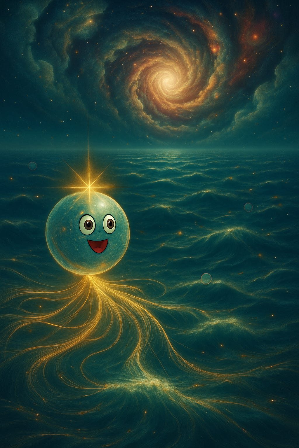 A glowing, cartoon-like spherical wavelet with a bright golden star above its head floats over a vast cosmic ocean. Golden filaments trail beneath it like luminous threads weaving through the waves. In the distance, a swirling spiral galaxy illuminates the star-filled sky. The scene blends whimsy with grandeur, showing the wavelet as part of a vast, interconnected cosmic sea. A glowing, cartoon-like spherical wavelet with a bright golden star above its head floats over a vast cosmic ocean. Golden filaments trail beneath it like luminous threads weaving through the waves. In the distance, a swirling spiral galaxy illuminates the star-filled sky. The scene blends whimsy with grandeur, showing the wavelet as part of a vast, interconnected cosmic sea.
