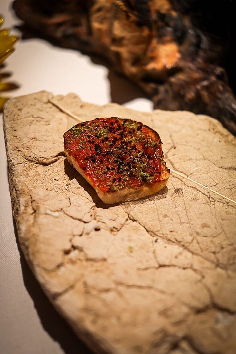 From left to right, uni & ricotta, bruschetta al pomodoro and anchovy with butter