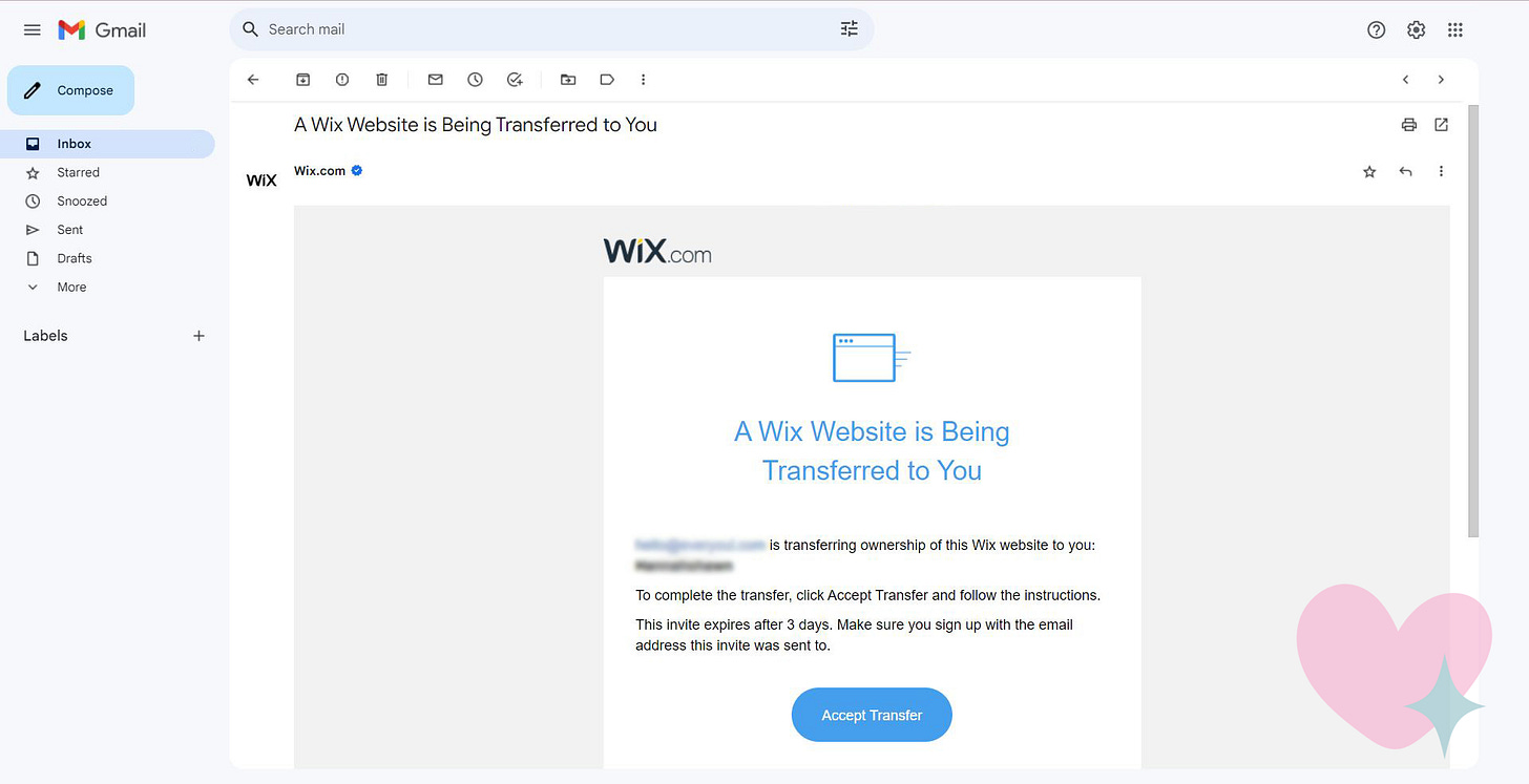 Email showing A Wix Website Transfer Request