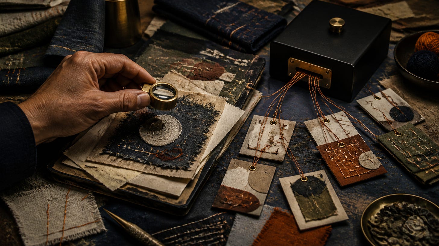 A hand holds a magnifying glass over fabric samples while copper threads run from a black box to tagged swatches on a dark workbench.
