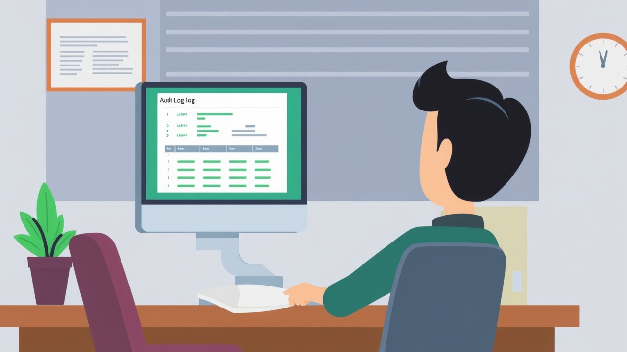 A person is sitting at a desk, looking at a computer screen displaying audit log data. A person is sitting at a desk, looking at a computer screen displaying audit log data.