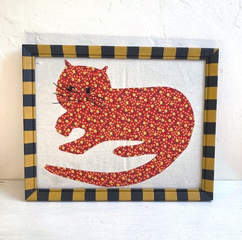 Vintage Folk Art Fabric Kitty Cat, Original, Striped Frame, Handmade, 1930's-1960's, One of a Kind, Animals, Outsider Art, Bright Colors image 1