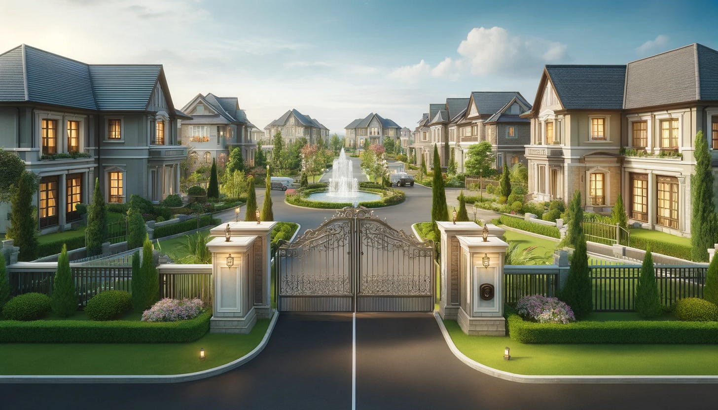 A gated luxury community with beautiful houses and lush landscaping. The entrance features an elegant gate and security post, leading into a well-maintained neighborhood with wide streets, manicured lawns, and upscale homes. The setting includes elements such as fountains, walking paths, and high-end amenities, emphasizing the exclusivity and luxury of the community.