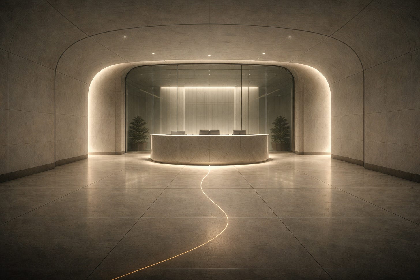 Oil-painted minimalist corporate lobby with curved matte white stone walls and a glowing grid floor, a monolithic reception desk centered beneath soft source-less light, and a thin gold thread embedded in the floor leading toward it. Oil-painted minimalist corporate lobby with curved matte white stone walls and a glowing grid floor, a monolithic reception desk centered beneath soft source-less light, and a thin gold thread embedded in the floor leading toward it.