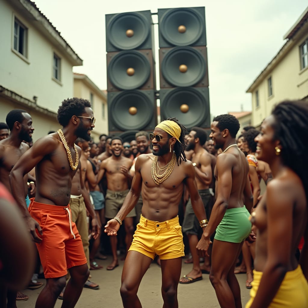 1990s Jamaican street scene with Yardie vibes: a lively crowd dances to reggae, a man in the center and a woman in short ‘batty rider’ shorts wining on the ground. A powerful sound system with four speaker stacks blasts dub beats, while a DJ crew spins vinyl at the turntables. The energy is electric, capturing the essence of a Jamaican dancehall block party.