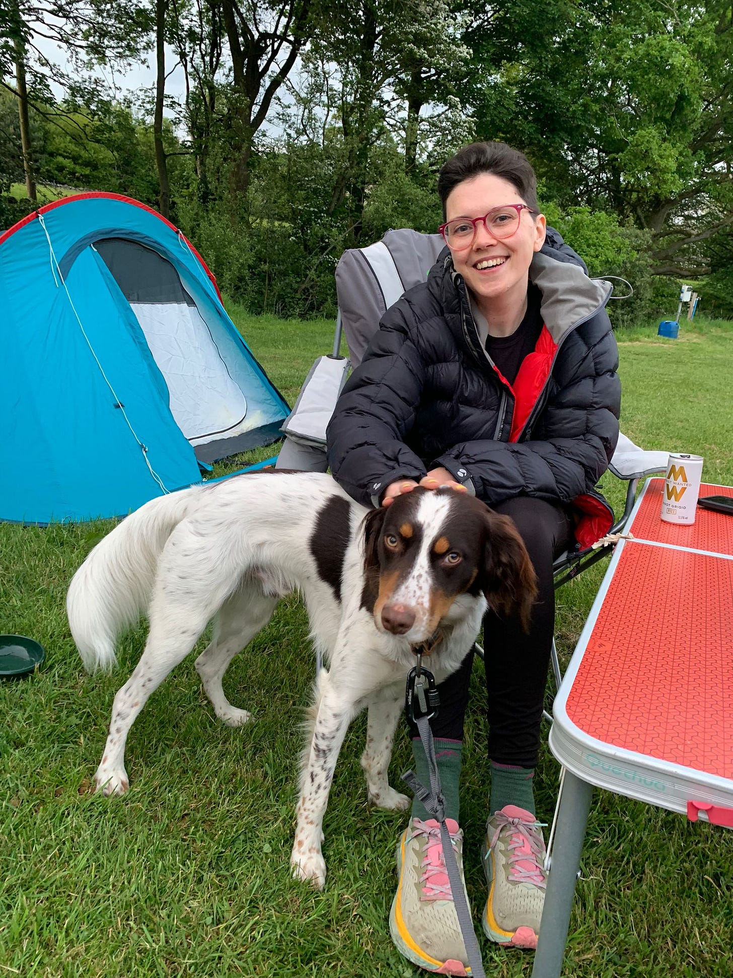 A smiling Janelle (white woman, short brown hair, pink framed glasses) sitting in front of a turquoise tent , stroking a cute brown and white dog called Hopper
