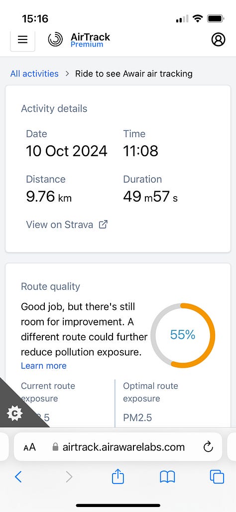 Screenshots of AirTrack dashboard for route to Gipsy Hill