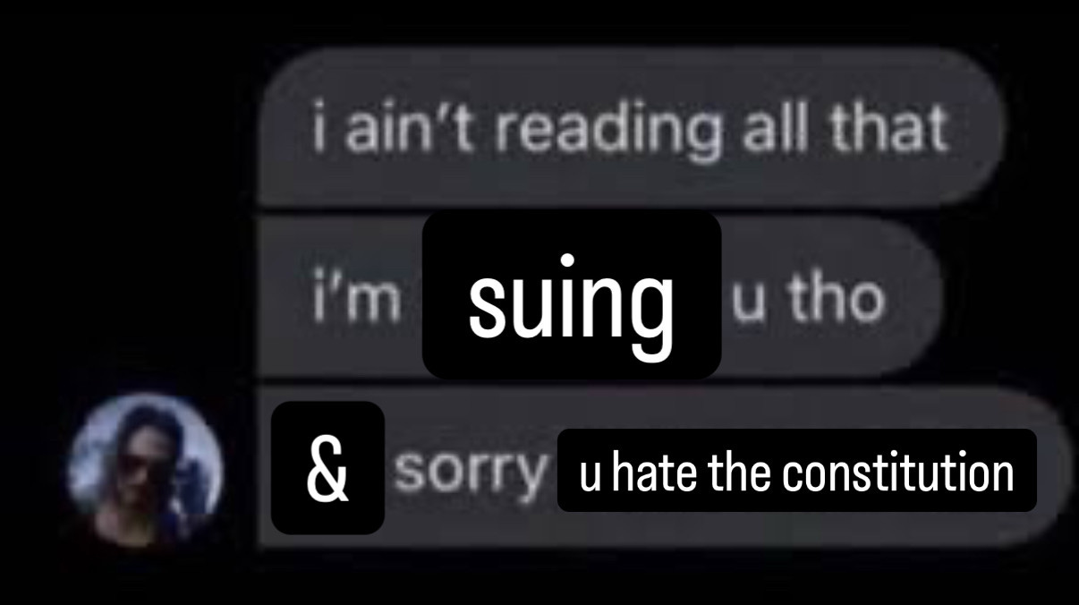 Meme: “I aint’ reading all that. I’m suing you tho. & sorry u hate the constitution.” Meme: “I aint’ reading all that. I’m suing you tho. & sorry u hate the constitution.”