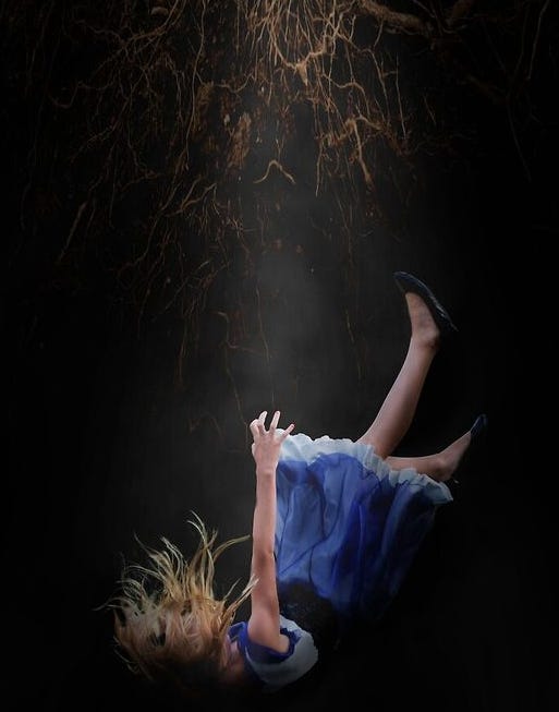 Alice from Alice in Wonderland falling down the dark rabbit hole...