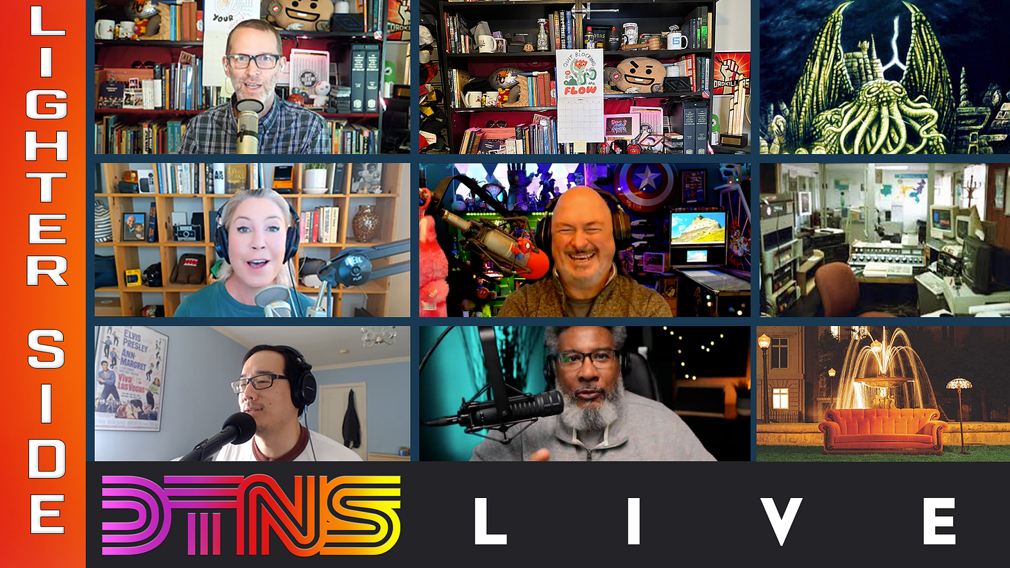 An image composed of a 3x3 grid of nine photographs, six are screenshots of some guests and hosts of DTNS Live who have appeared on the show in April 2026 - Top left: Tom Merritt, top middle: Tom’s background without Tom, middle left: Sarah Lane, center middle: Brian Ibbott, bottom left: Roger Chang, center bottom: Robb Dunewood. Three other photographs on the right side are top right: an image of Cthulhu, right centre: a photograph of an old recording studio or radio station studio from about 30 years ago, bottom right: a photograph or screenshot of the scene from the opening sequence of the TV show Friends which shows a couch outside in front of a fountain. Vertically on the left is “LIGHTER SIDE” in white text on an orange background. Across the bottom is the DTNS Live logo and the word LIVE in white text on a black background.