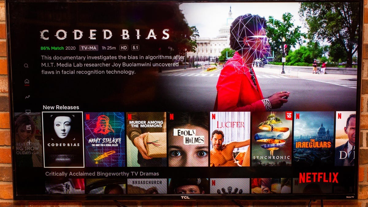 Netflix open on TV, element in focus: Coded Bias documentary
