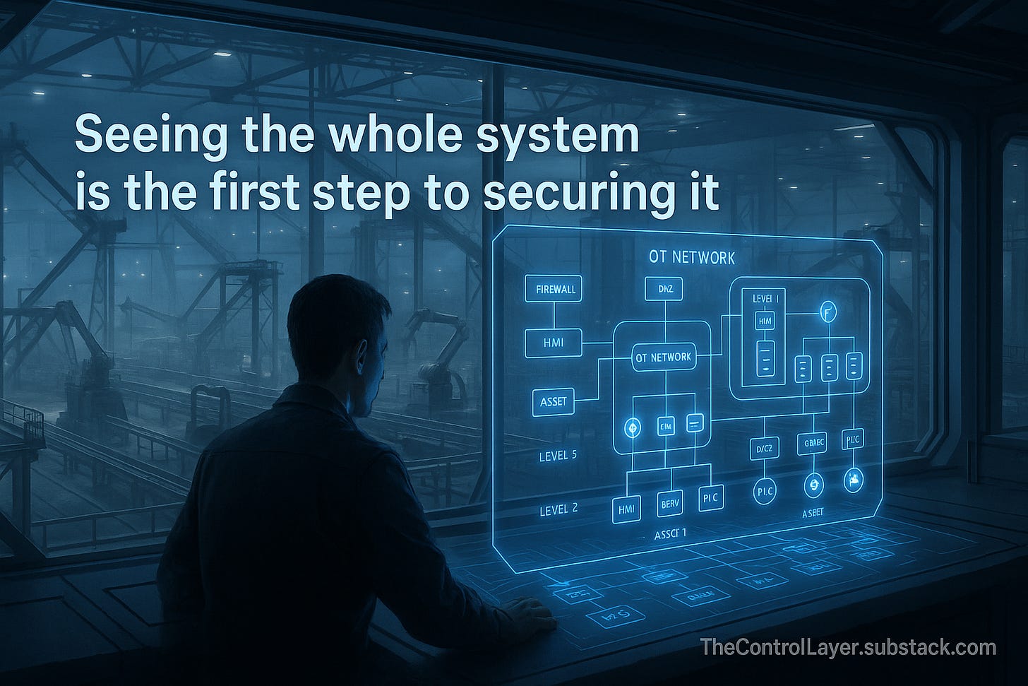 Engineer reviewing holographic OT architecture map in an industrial control room.