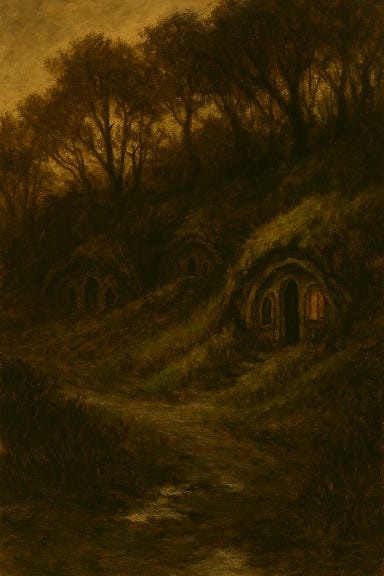 The dusk elf hovels in Barovia, nestled at the base of a wooded hill near the Vistani camp. Small, weathered stone and timber structures with moss-covered roofs and crooked chimneys. The ground is uneven, littered with roots and fallen leaves. A few dusk elves move quietly between the hovels, cloaked and solemn. Mist curls around the buildings, and ancient stones mark the edge of the clearing. The atmosphere is somber, quiet, and steeped in old magic.