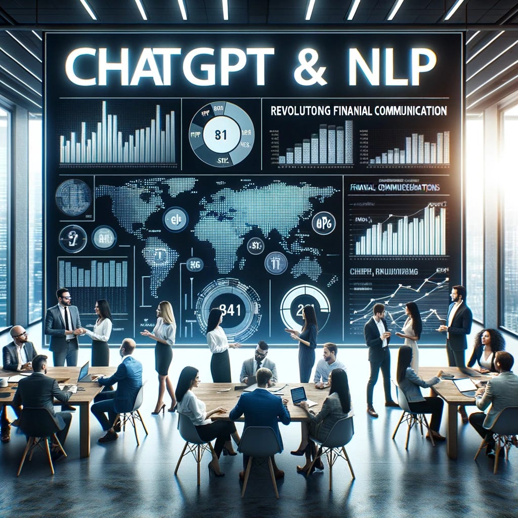 Photo of a modern office space with a large screen displaying the words 'ChatGPT & NLP: Revolutionizing Financial Communication'. Diverse group of professionals are discussing around a table with charts and financial data. There is a sense of collaboration and excitement.