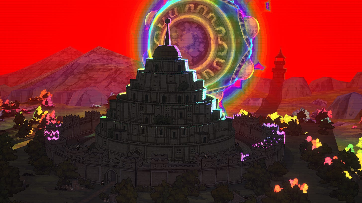 Giant, chromatic ball hurtling from the sky toward an unsuspecting medieval kingdom.