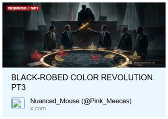 The image depicts a dark, tense scene with a group of men in black robes, possibly judges or officials, around a table with a red sphere, suggesting a secretive or authoritative gathering. AI-generated content may be incorrect.