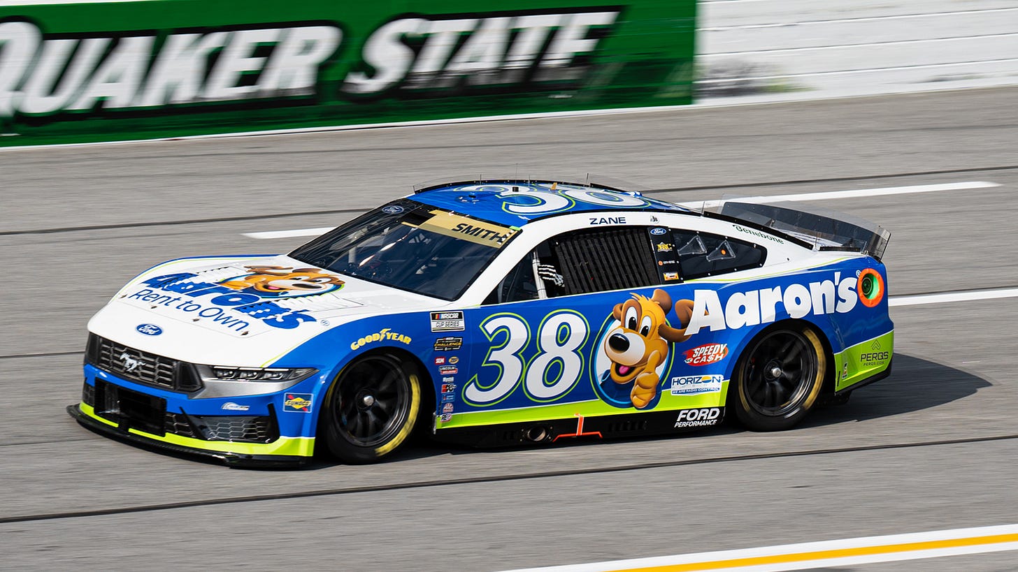 Aaron's Rent-to-Own signs multi-year extension to remain primary sponsor of Zane Smith, No. 38 Front Row Motorsports NASCAR Cup Series team. Aaron's Rent-to-Own signs multi-year extension to remain primary sponsor of Zane Smith, No. 38 Front Row Motorsports NASCAR Cup Series team.