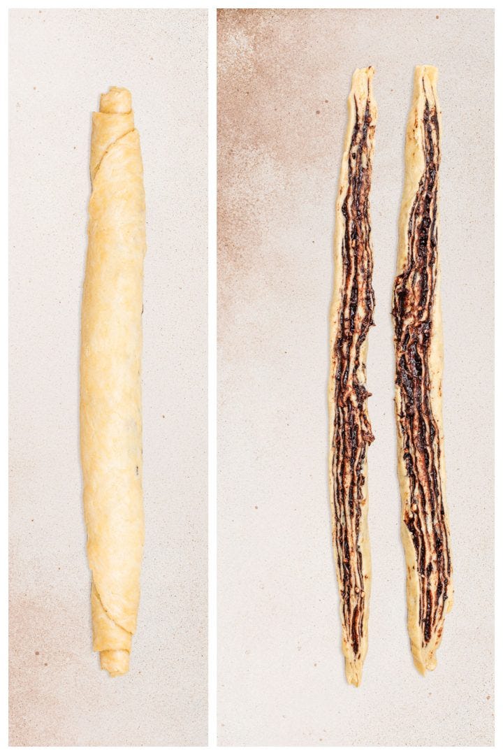 Babka dough rolled and cut lengthwise.