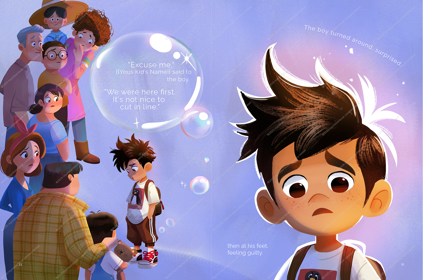 An illustrated scene shows a boy looking down with a guilty expression after being confronted for cutting in line. A group of people, including adults and children, watch the scene. A bubble contains the words, “Excuse me,” [Your Kid’s Name] said to the boy. “We were here first. It’s not nice to cut in line.” The boy turns around, surprised, and then looks down at his feet in remorse.