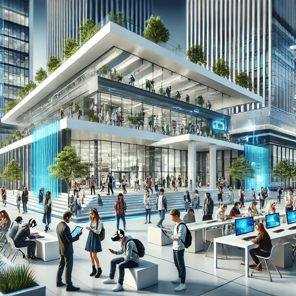 A modern and sleek illustration of higher education, featuring a diverse group of students and professionals in a futuristic university campus. The scene includes a contemporary building with glass facades and innovative architecture, symbolizing progress and cutting-edge knowledge. In the foreground, students are seen using advanced technology such as tablets, VR headsets, and interactive displays, while engaging in collaborative projects and discussions. The atmosphere is energetic and forward-thinking, with elements like green spaces, digital signage, and open learning environments contributing to a tech-savvy and stimulating ambiance.