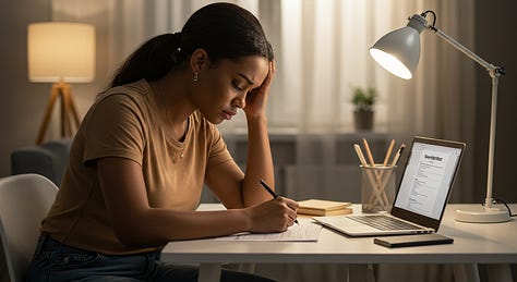 Image of a woman looking burdened by the thought of writing