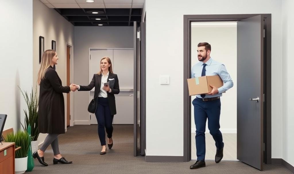 Employee walking out of a door to the right carrying a box, and an employee walking in a door on the left being greeted by a woman in an office setting Employee walking out of a door to the right carrying a box, and an employee walking in a door on the left being greeted by a woman in an office setting