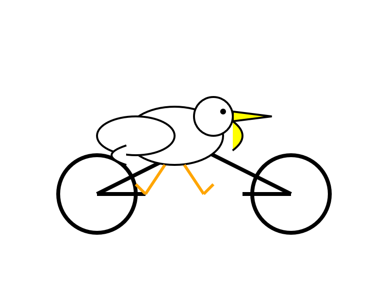 Described by Grok 4 Fast: Simple line drawing of a white bird with a long yellow beak riding a bicycle, pedaling with its orange legs. Described by Grok 4 Fast: Simple line drawing of a white bird with a long yellow beak riding a bicycle, pedaling with its orange legs.