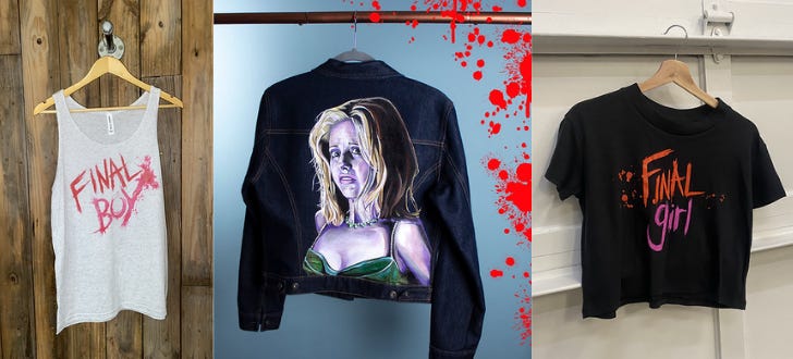 Final Boy tank top; hand-painted Helen Shivers denim jacket; Final Girl crop top. Final Boy tank top; hand-painted Helen Shivers denim jacket; Final Girl crop top.