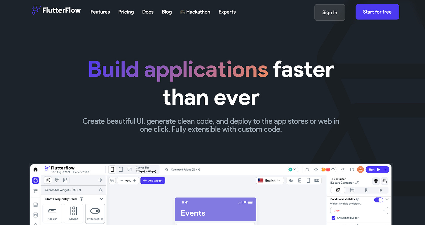 No code tool export code : Flutterflow website home