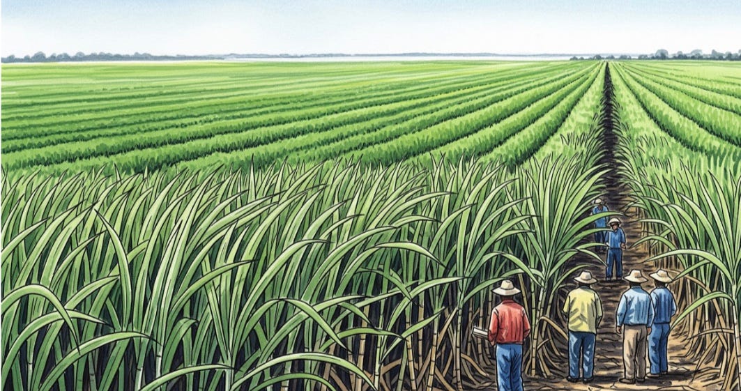 Image of a vast sugar cane field with workers.