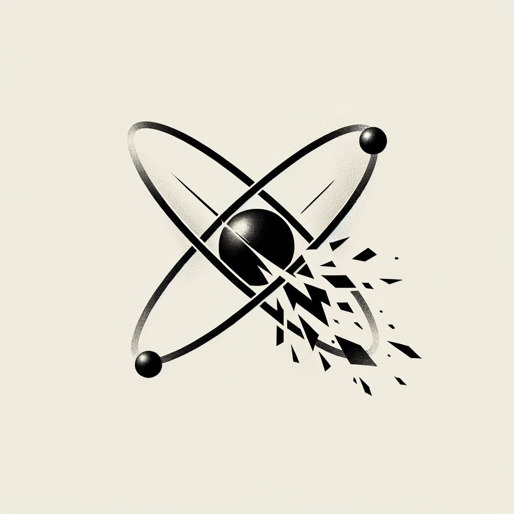 A bleak, minimalist representation of an atom being broken. The image should be 2-dimensional and abstract, with a simple depiction of a nucleus in the center and only one or two electrons orbiting around it. The breaking moment is captured with sharp, angular lines showing the nucleus splitting and one electron breaking loose from its orbit and firing out. The background should be minimal and stark, possibly a solid light color to emphasize the atom. The overall style should be clean and geometric, evoking a hieroglyphic feel with a focus on simplicity and bleakness.