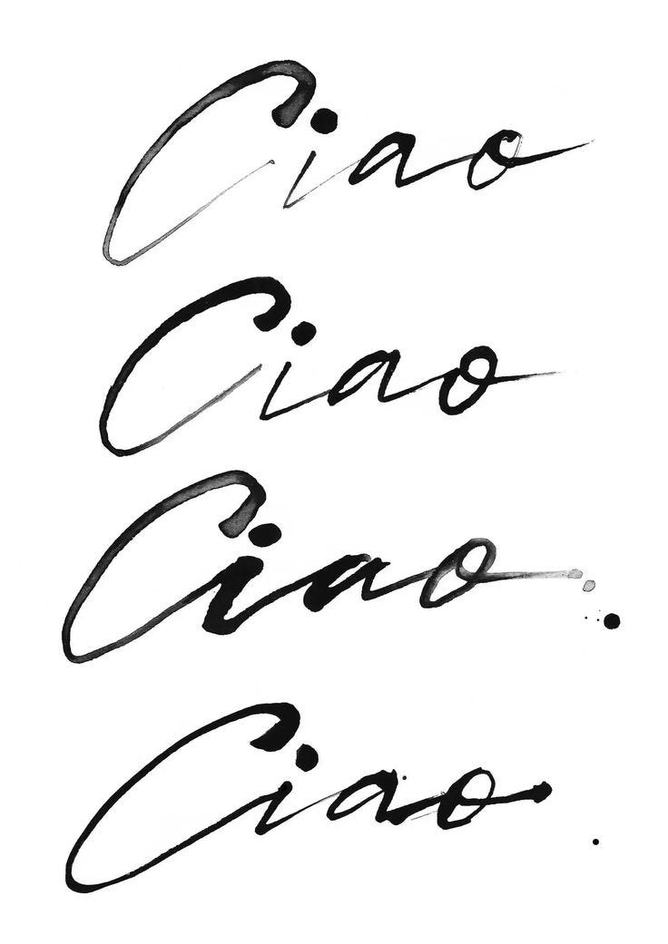 This may contain: some type of calligraphy that is black and white with the words ciao, cinco