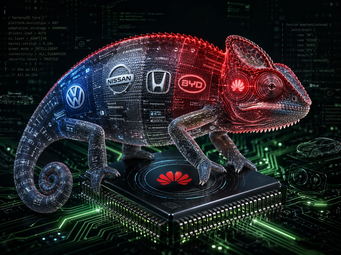 Un caméléon translucide et cybernétique est posé sur une puce électronique marquée d’un logo Huawei. Son corps affiche des logos automobiles, dont Volkswagen, Nissan, Honda et BYD, sur fond de circuits imprimés et de lignes de code.