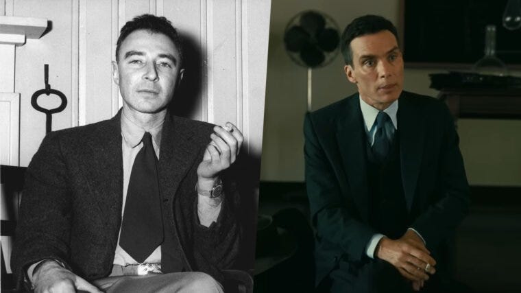 Montagem com fotos de J. Robert Oppenheimer na vida real e no filme (Reprodução)