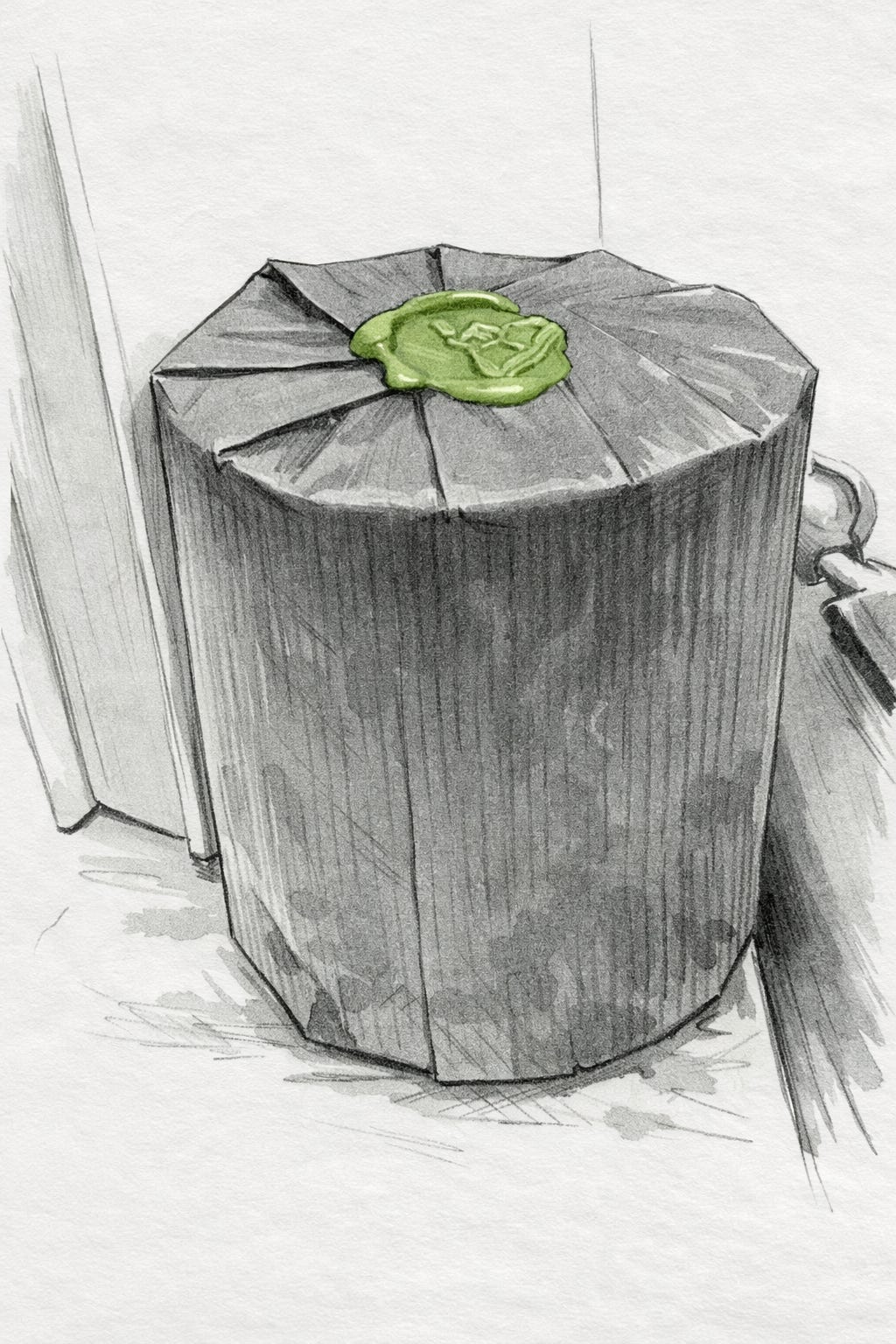 Hand-drawn sketch of a small cylindrical package wrapped in dark paper, sealed at the top with a wax stamp highlighted in muted sage green