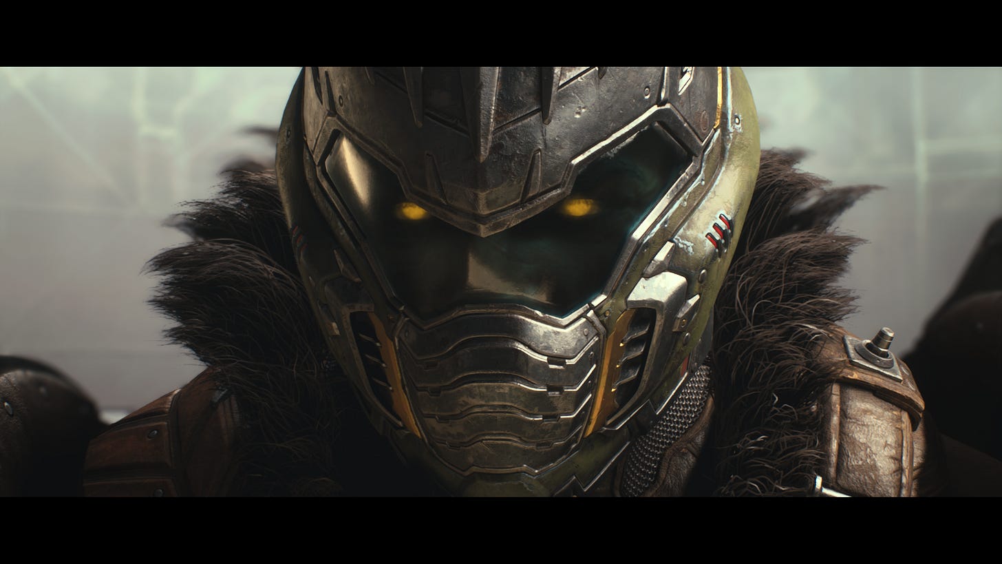 Doomguy stares at the camera. Behind his mask's visor, his eyes are yellow.