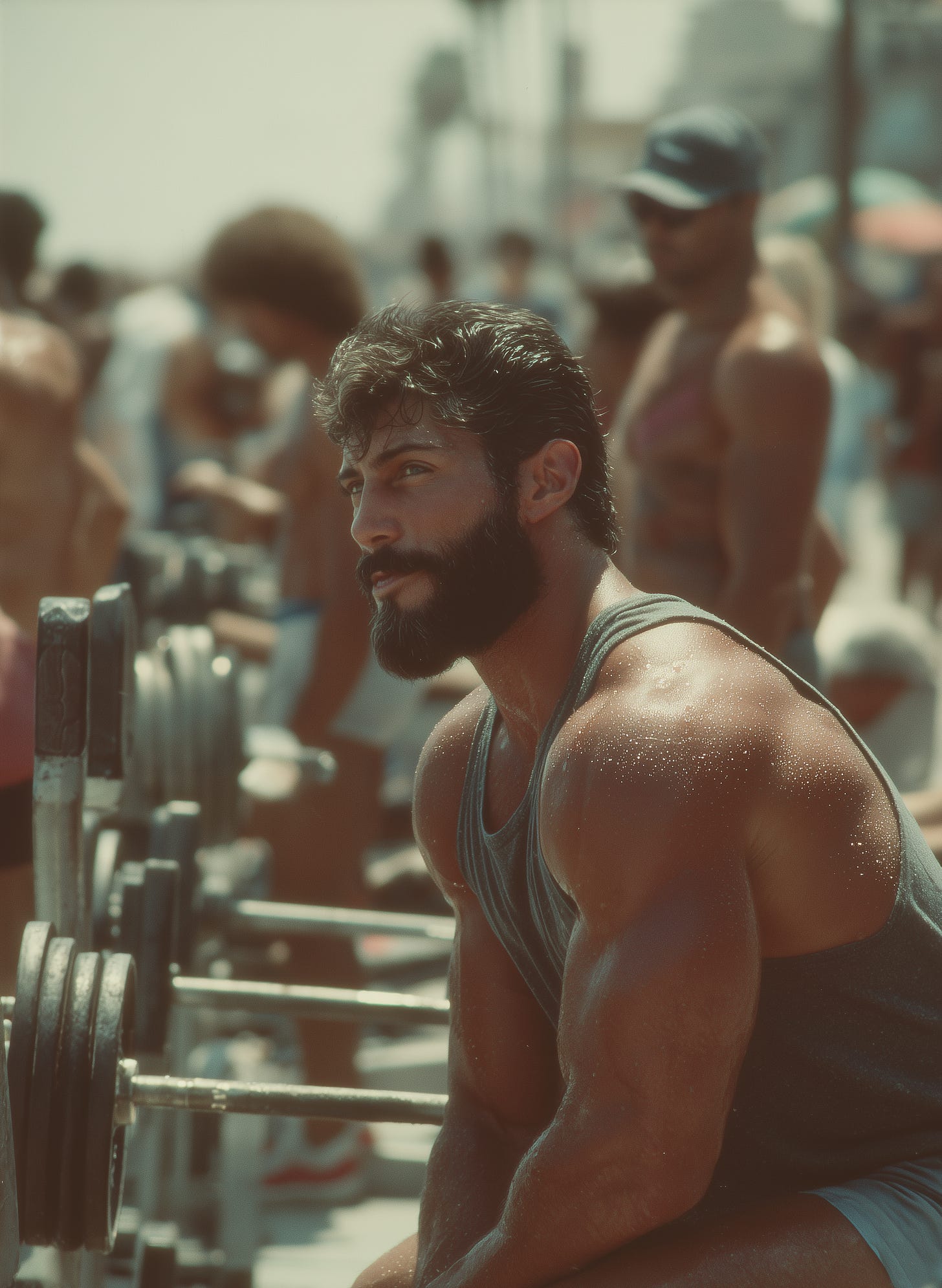 Strong male bodybuilder training bench press at an outdoor gym.