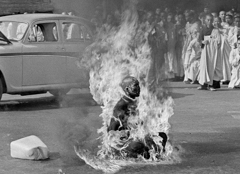 Thích Quảng Đức seated in meditation during his 1963 self-immolation protest in Saigon Thích Quảng Đức seated in meditation during his 1963 self-immolation protest in Saigon