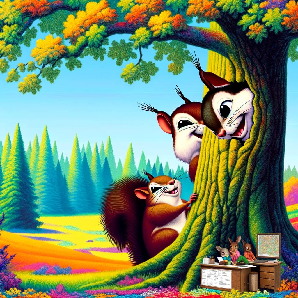 Create an image of two cartoon squirrels, one whispering into the other's ear, both showing exaggerated sneaky expressions, behind a large oak tree. The background depicts a bright and colorful forest setting to enhance the secretive atmosphere. The squirrels look like they're plotting something mischievous, with one of them holding a tiny map or a plan in its paws. The top of the image features the meme text, "When you and your bestie are in," in a bold and playful font. The bottom adds, "Cahoots," completing the phrase. The text is white with a black outline for clear visibility against the forest backdrop. This image should evoke a sense of fun and camaraderie, capturing the essence of being in cahoots with a close friend.