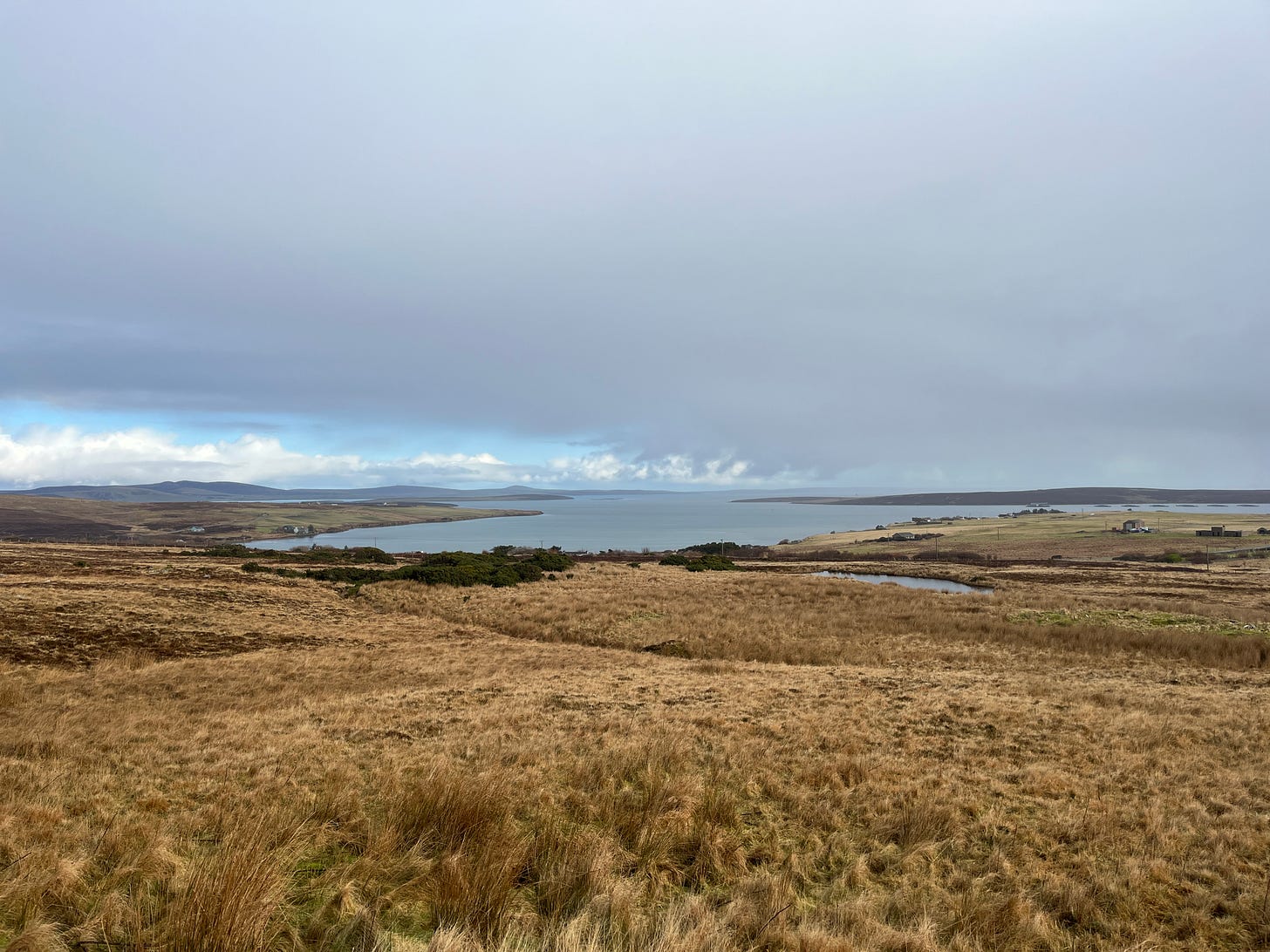 View of a bay with grassland in the forefront. Mill Bay, Hoy