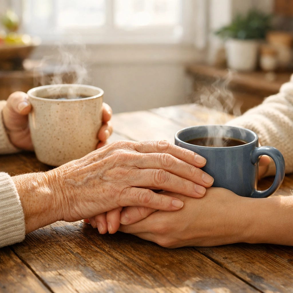 Close-up of an adult and aging parent holding coffee mugs, symbolizing the value of small moments of connection.